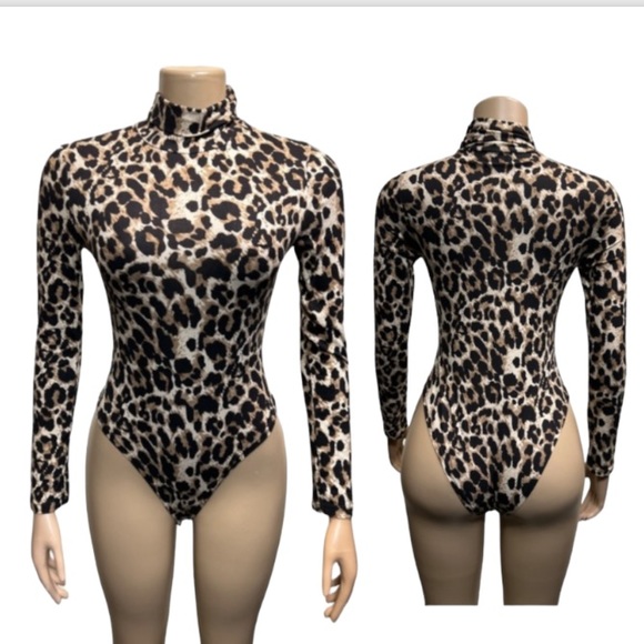 Leopard Print Bodysuit Turtleneck Long Sleeve full bottom brown tan,black size L - Picture 4 of 17